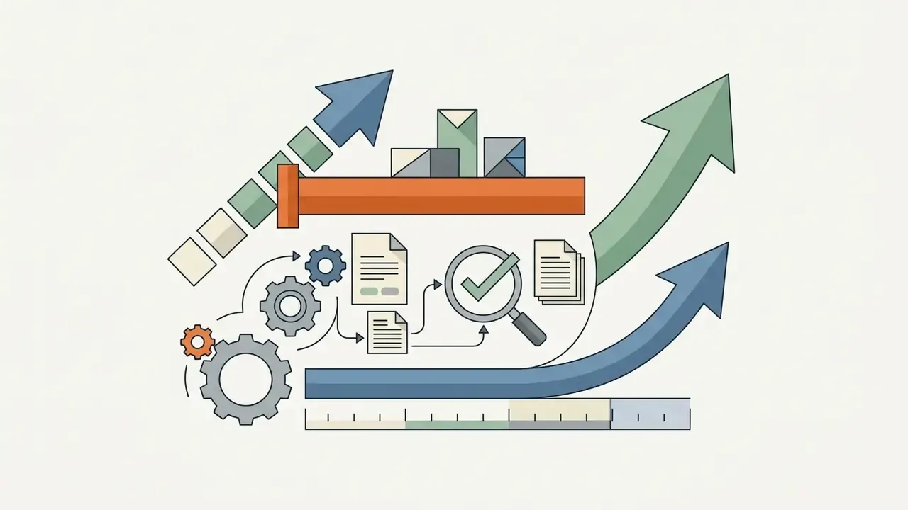 Documents and gears connecting to a magnifying glass with a checkmark and rising trend arrows