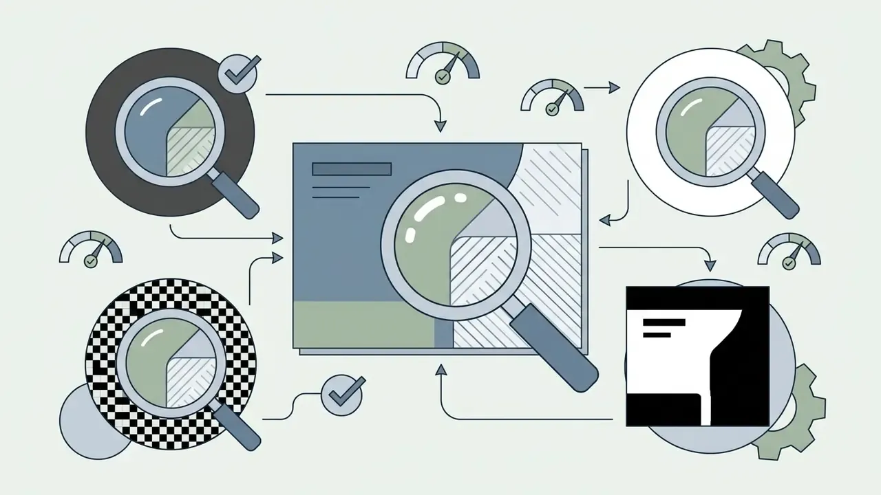 Magnifying glasses inspecting image exports against black, white, and checkerboard backgrounds for quality
