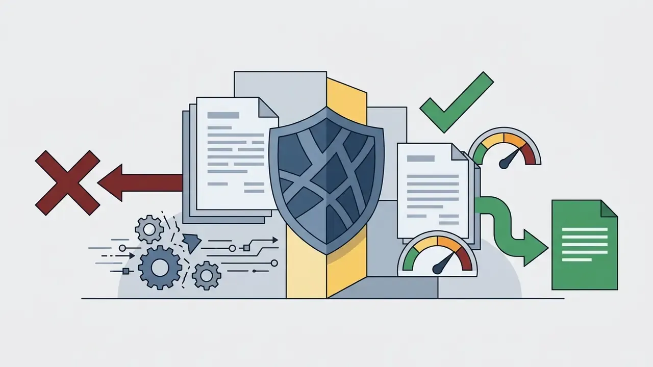 Shield icon separating documents into rejected and approved paths with gauges and checkmarks