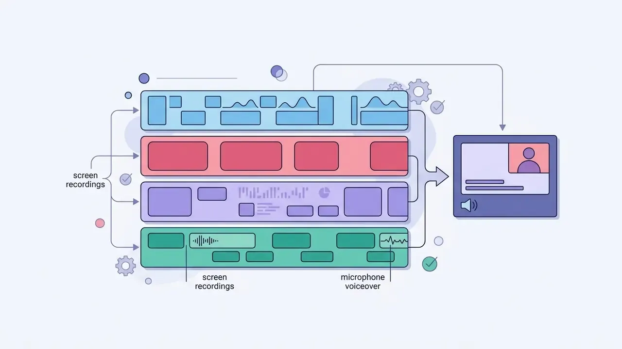 Four horizontal tracks of video and audio content merging into a single preview monitor
