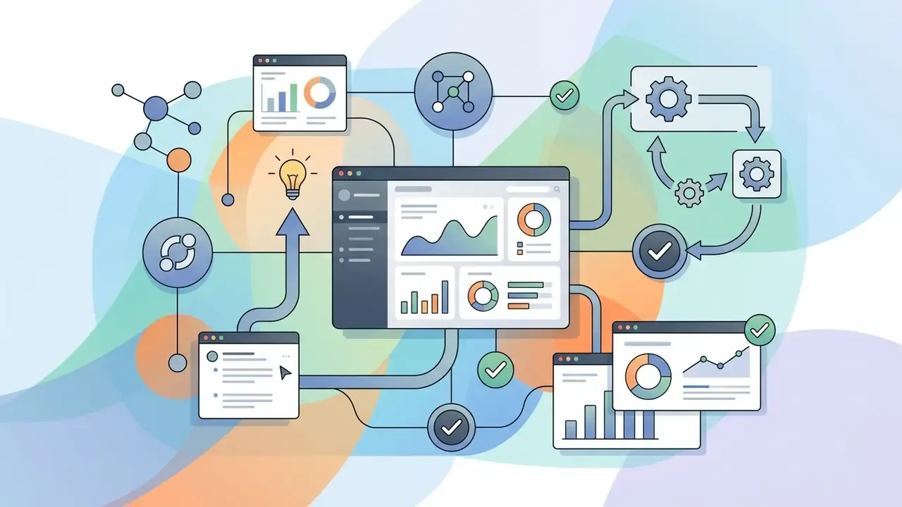 Central dashboard connected to data nodes, gear-driven automation loops, and analytics reporting windows