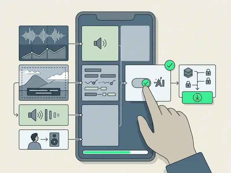 Hand toggling an AI switch on a smartphone screen to finalize video settings and export the content