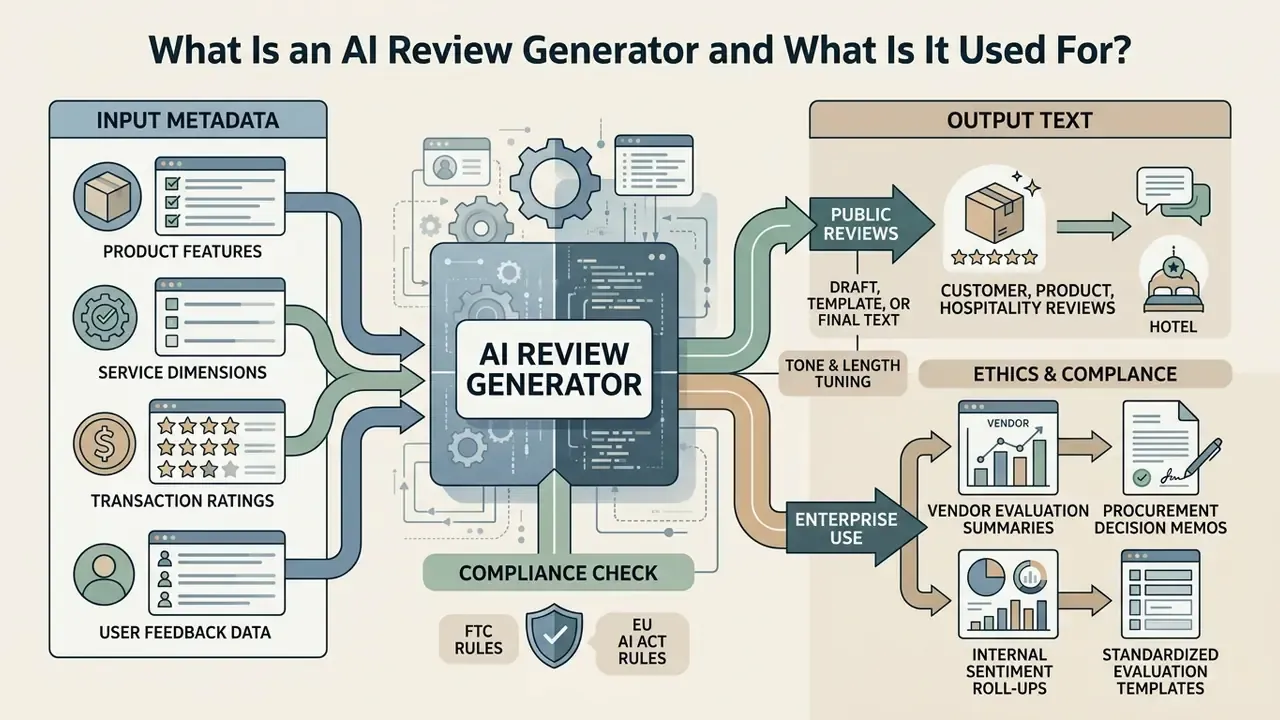Diagram showing how an AI review generator processes input metadata into public or enterprise output text