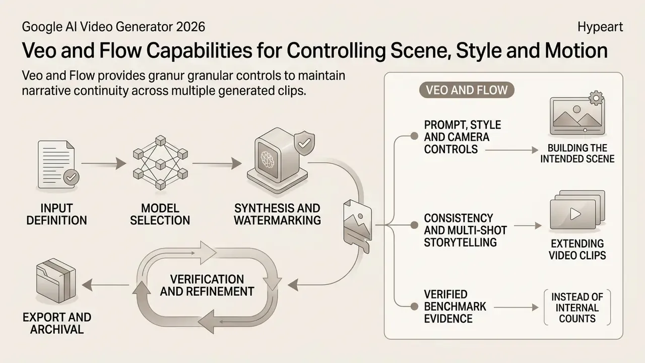 Diagram detailing the Google AI video generator workflow from input definition to scene control features