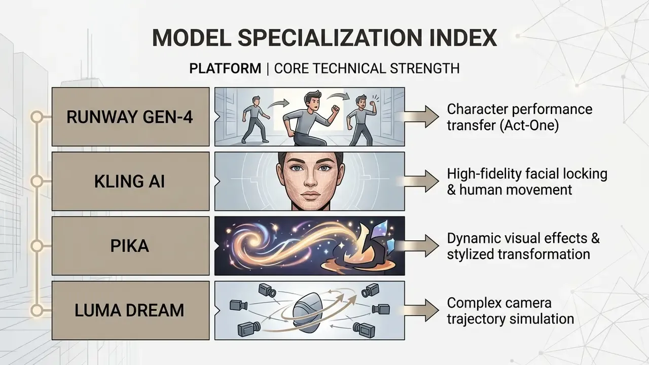 Table comparing core technical strengths of leading AI video generators for character and camera motion
