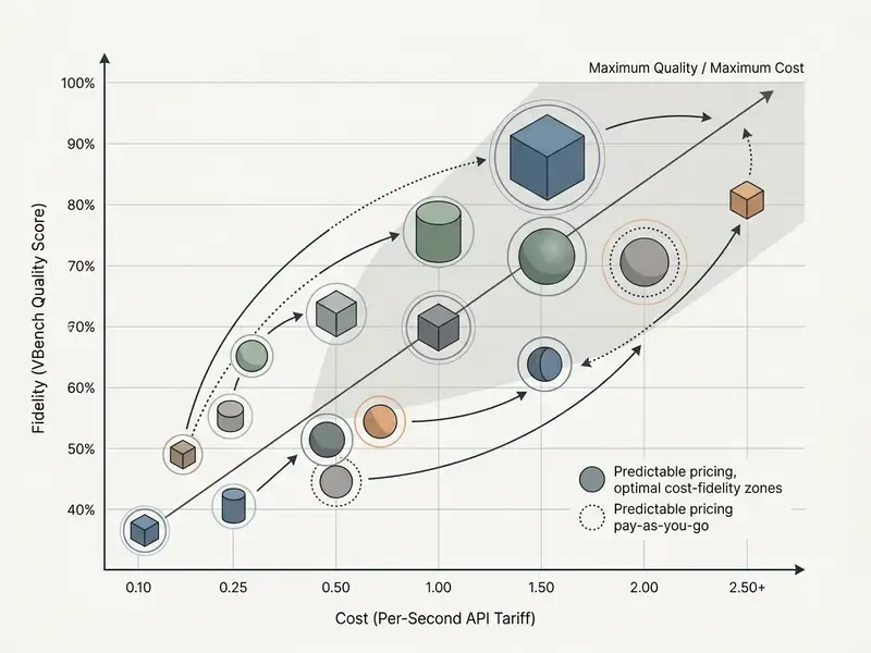 Scatter plot mapping AI video model API costs against VBench quality scores with geometric shapes