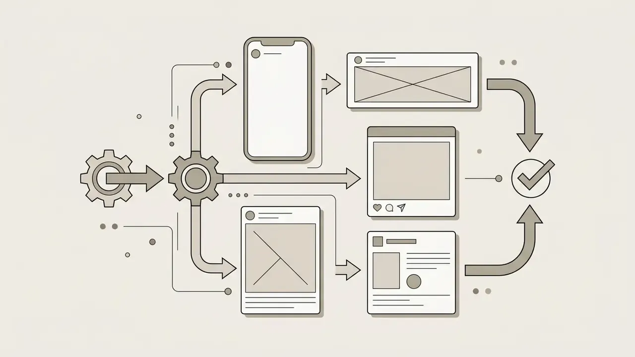 Gears processing mobile and social media layouts into finished posts marked with a checkmark