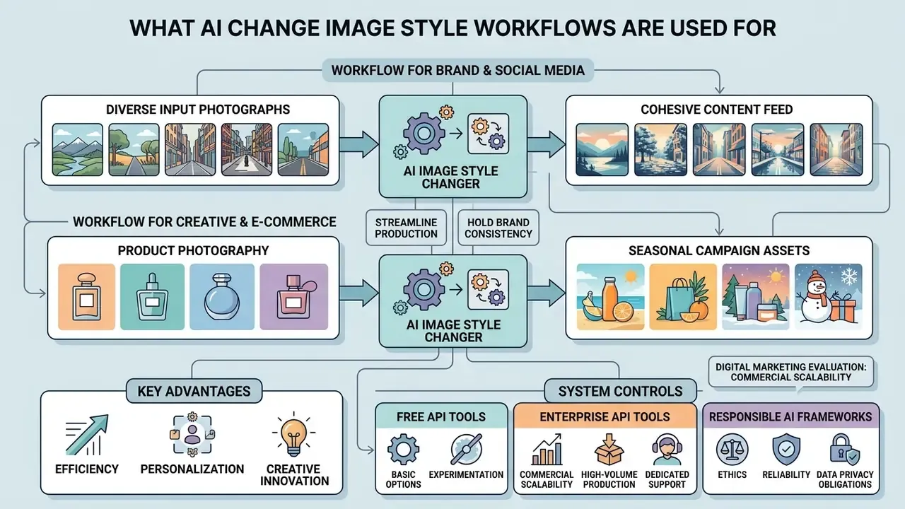 Diagram showing how neural processing transforms diverse photographs into cohesive brand and marketing assets