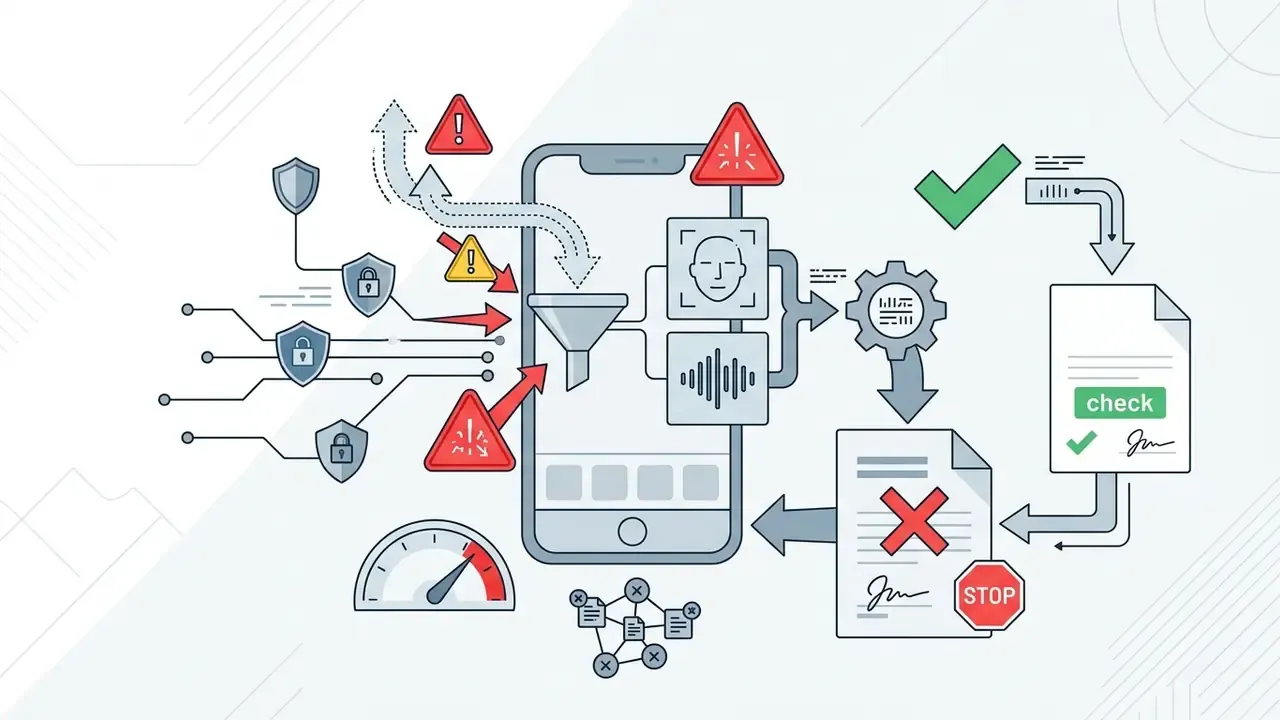 Smartphone processing face and voice data with warning icons and document consent verification steps