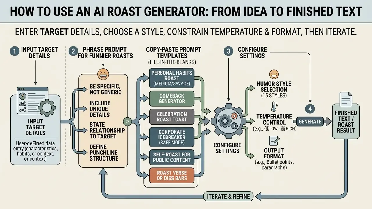 Flowchart detailing steps to create content with an AI roast generator from input to final output