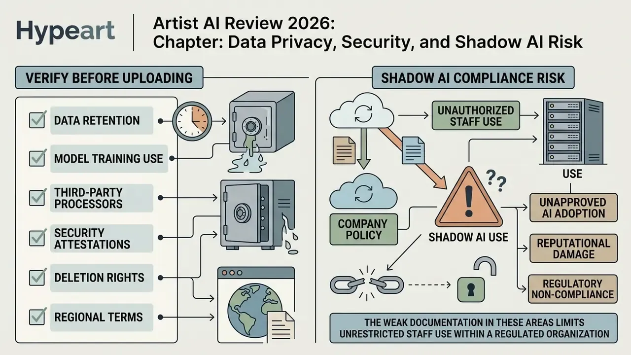 Checklist for data privacy verification alongside a flowchart illustrating risks of unauthorized software use