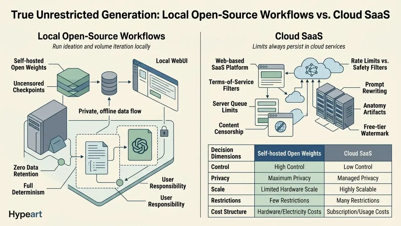 Comparison infographic showing local open-source workflows versus cloud SaaS constraints and operations