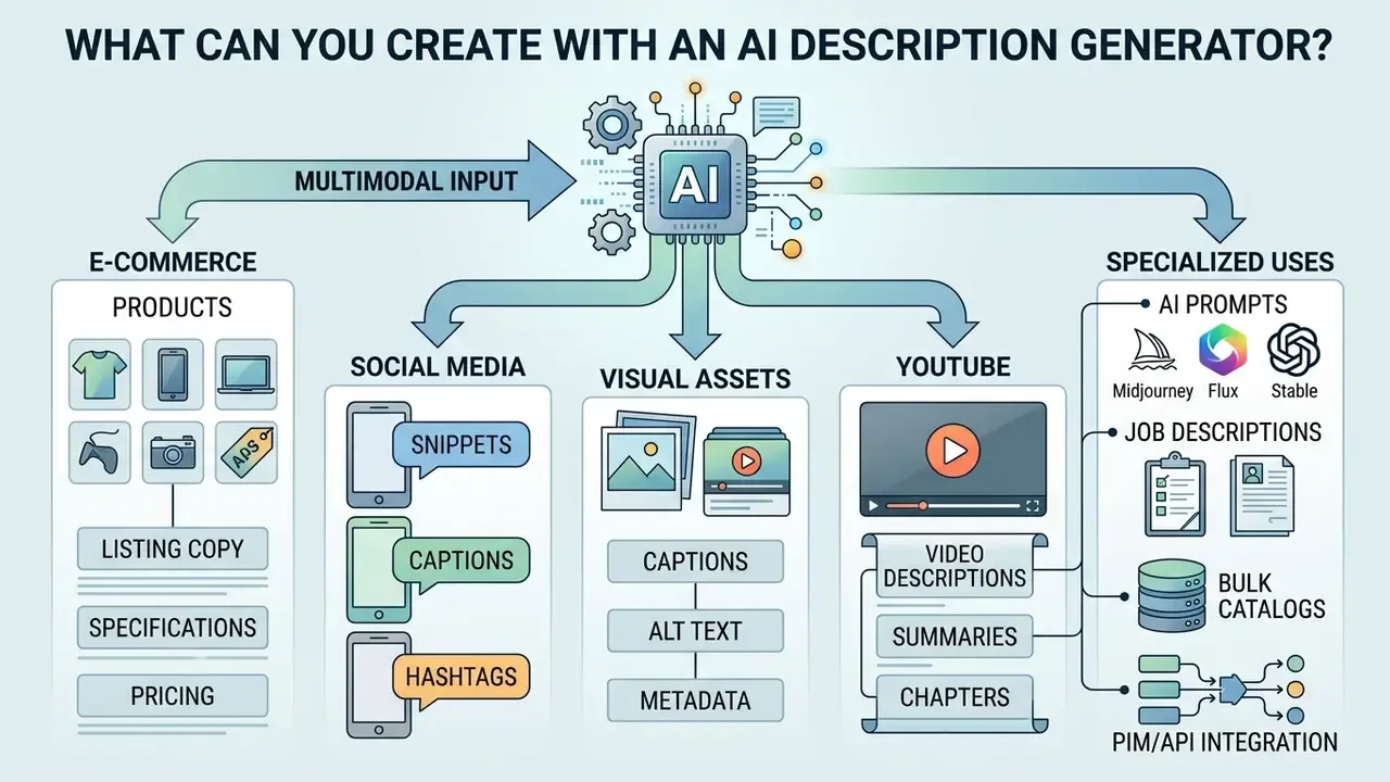 Central AI processor distributing multimodal inputs into diverse content categories like e-commerce and media