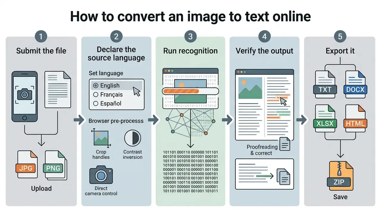 Five step workflow diagram showing how to convert an image to text online by processing and exporting files