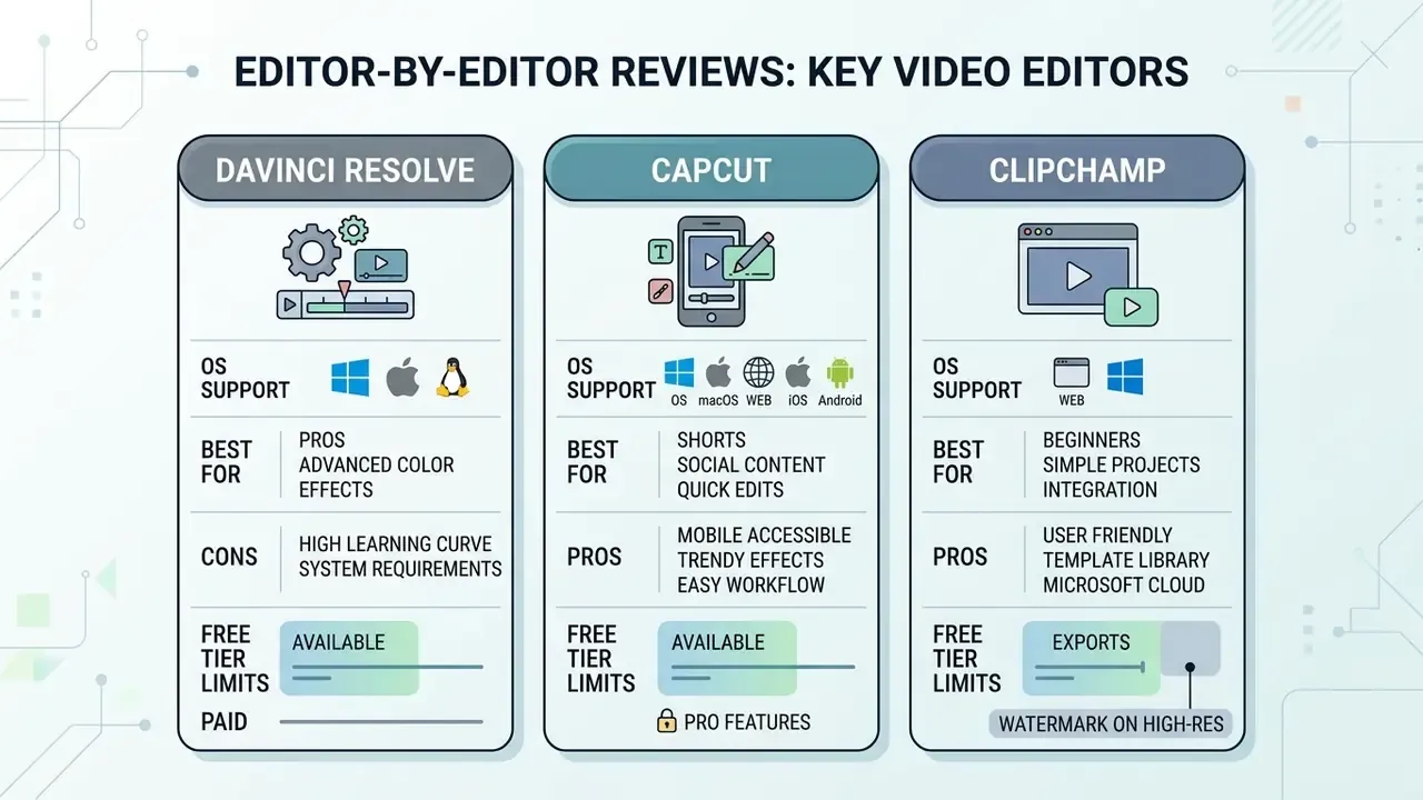 Comparison table for DaVinci Resolve, CapCut, and Clipchamp showing OS support, pros, cons, and free tiers