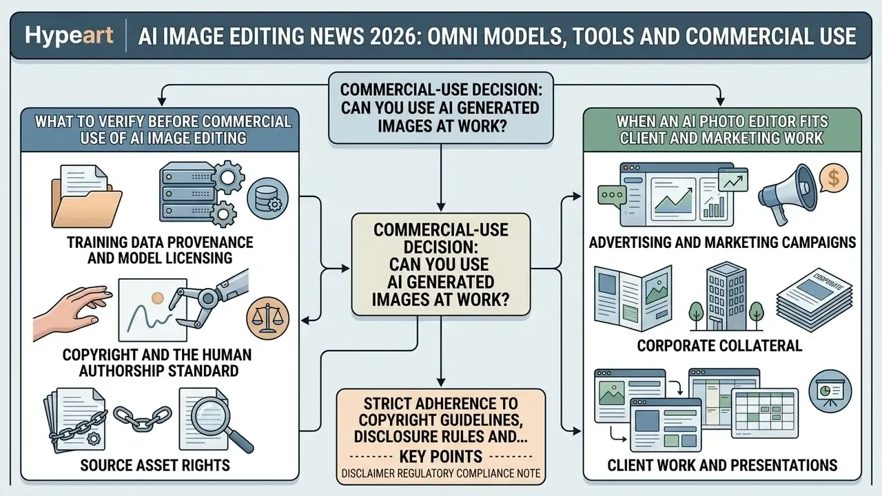 Flowchart outlining regulatory compliance and verification steps for commercial use of AI image editing