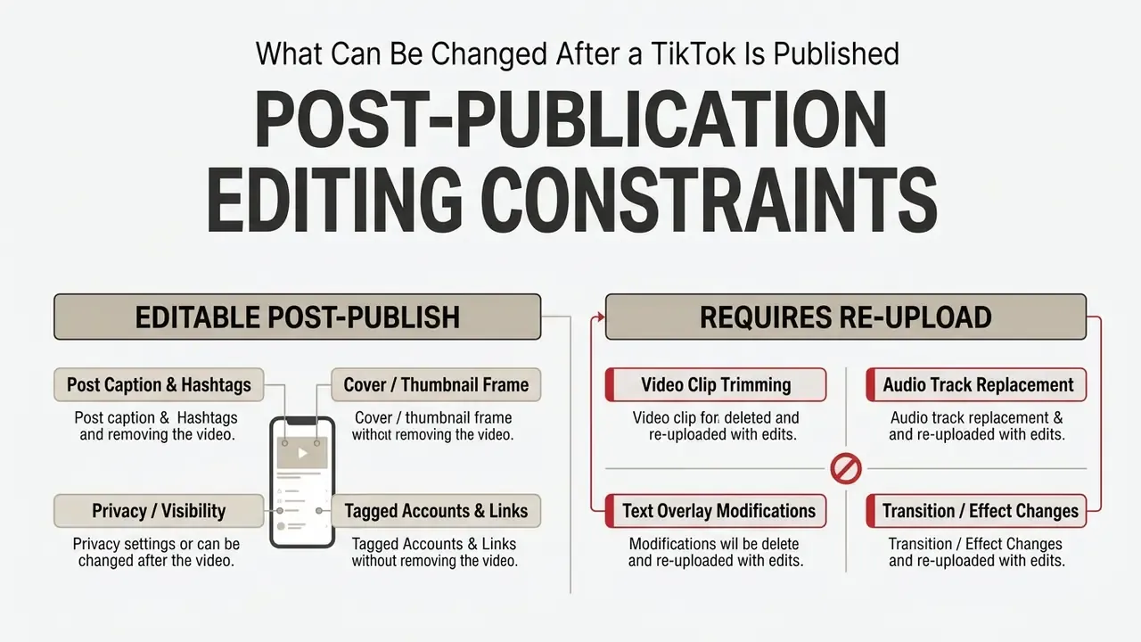 Comparison chart showing which TikTok video elements can be edited after publishing versus requiring a re-upload