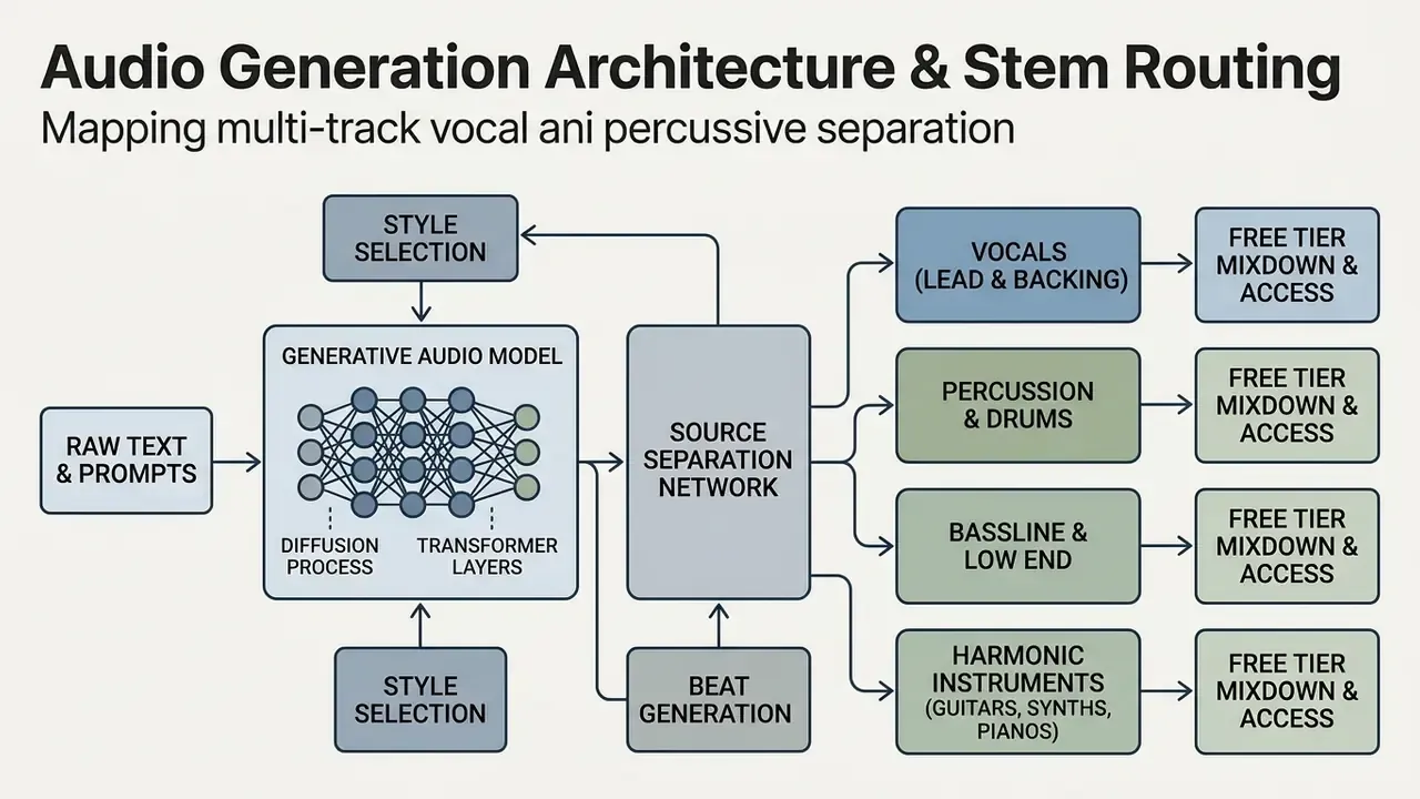 Flowchart showing how generative models process text prompts into separated audio stems and mixdowns