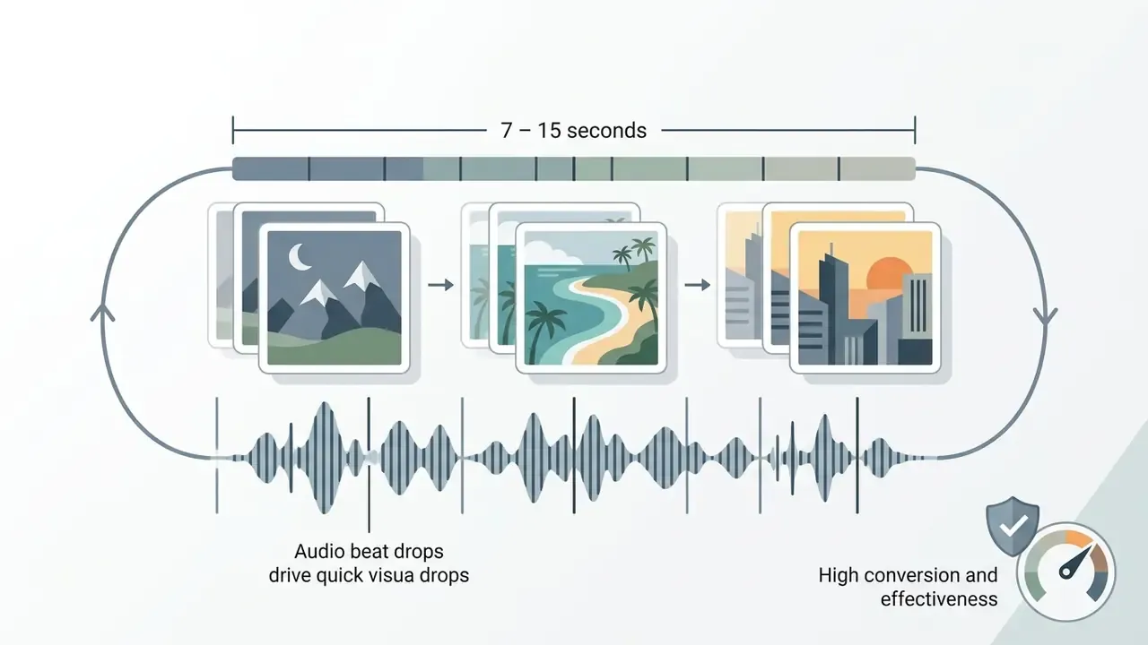 Looping diagram showing rapid video cuts synced to audio waveforms for short travel clips