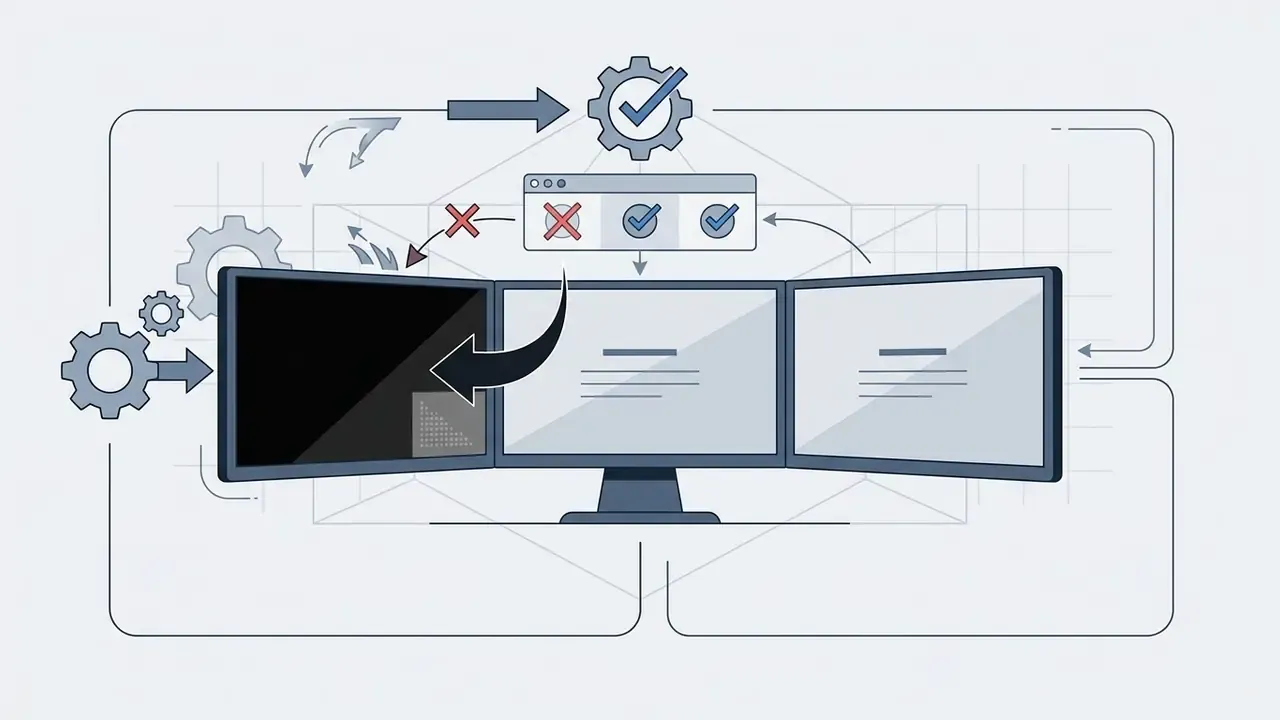 Three computer monitors with arrows indicating wallpaper settings being redirected to the correct screen