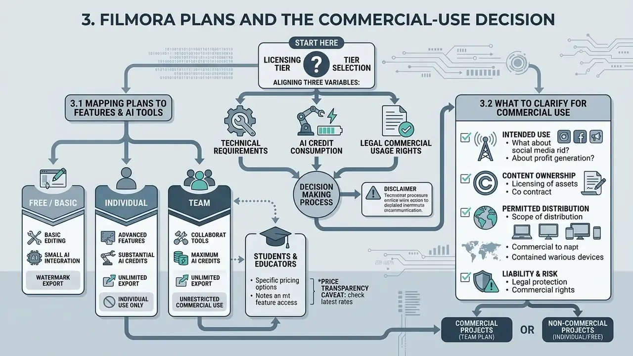 Flowchart showing how to align Filmora licensing tiers with technical, AI, and commercial requirements