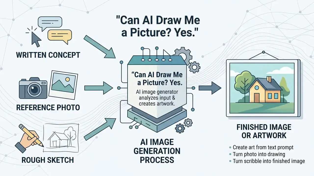 Infographic showing how AI image generators create finished artwork from written concepts, photos, or sketches
