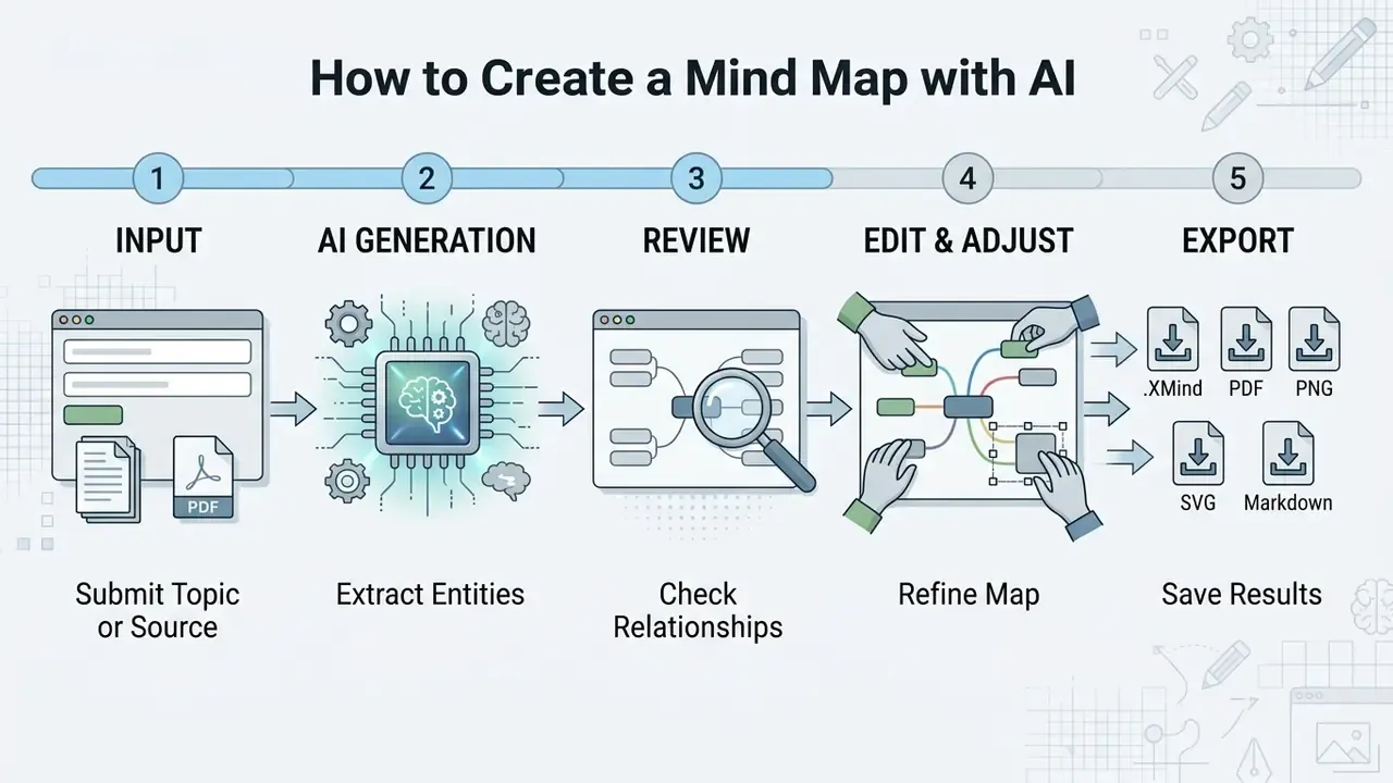 Five step workflow showing input, AI generation, review, editing, and export of mind map files
