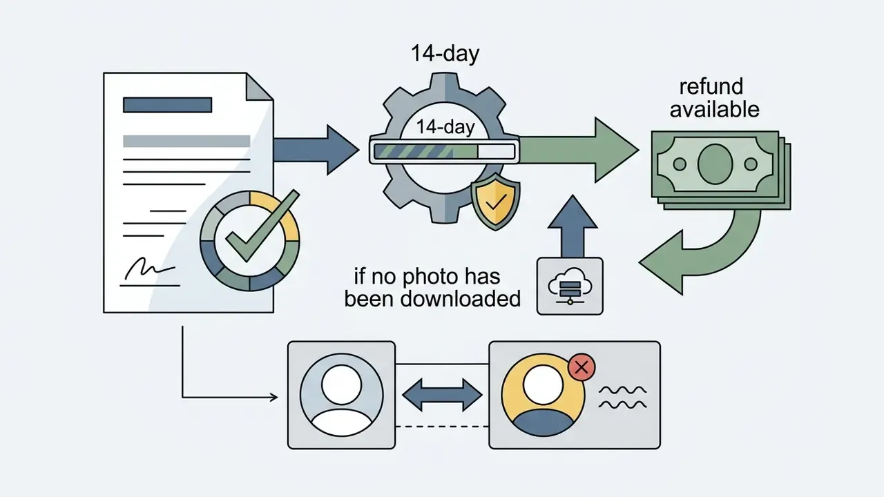 Process steps for a 14-day refund policy involving photo downloads and likeness verification