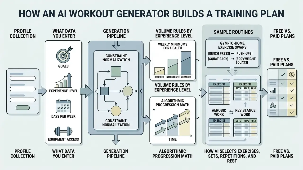 Flowchart detailing the stages of an AI workout generator from user data input to final routine output