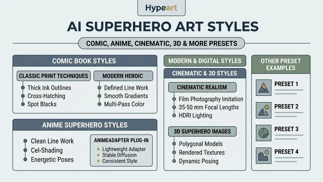Categorized list of AI superhero art styles including comic, anime, cinematic, and 3D rendering presets