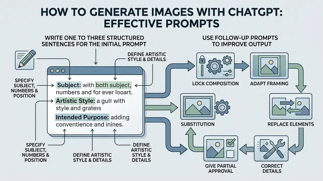 Visual guide showing how to craft initial prompts and use follow-up steps to refine AI image outputs