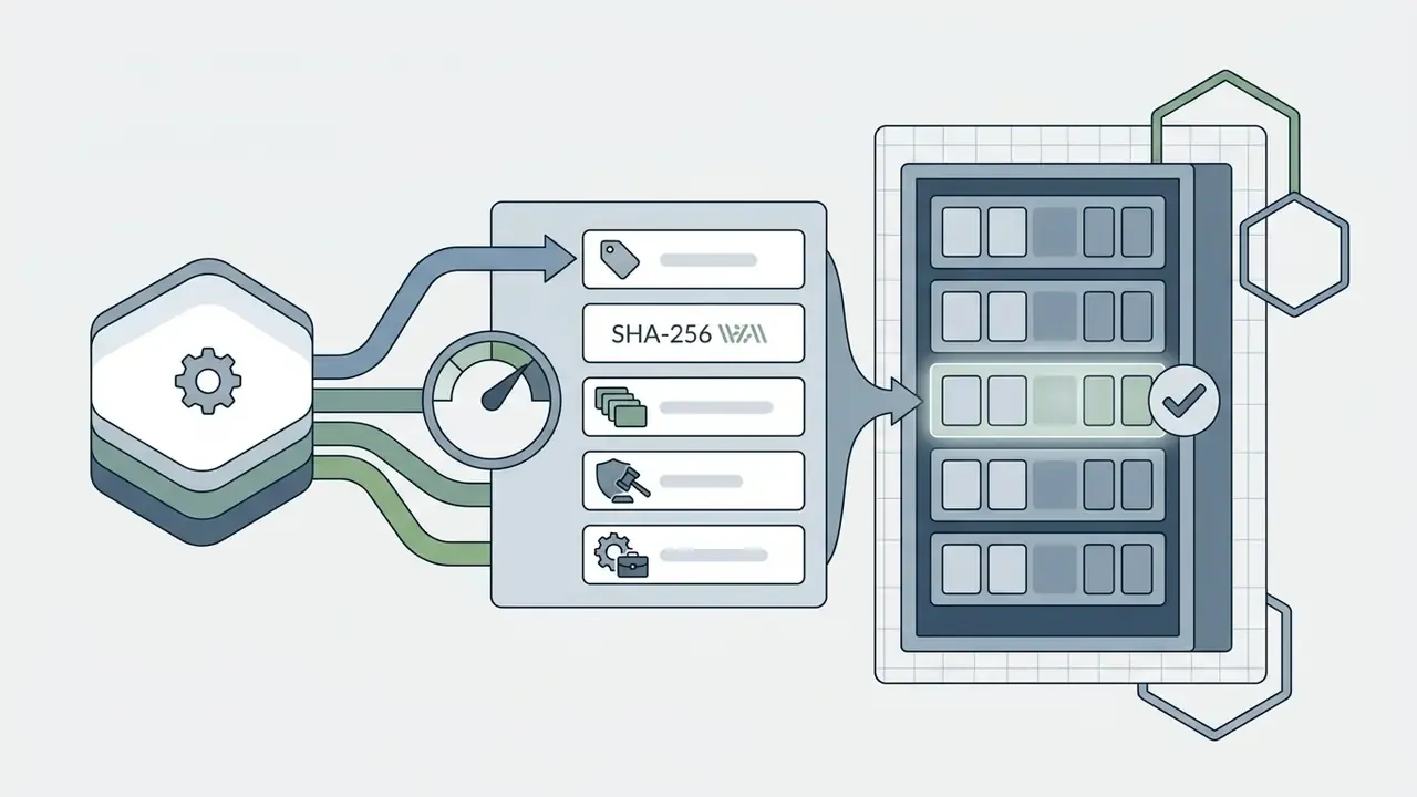 Data streams flowing from a gear icon into metadata fields and a server rack with a checkmark