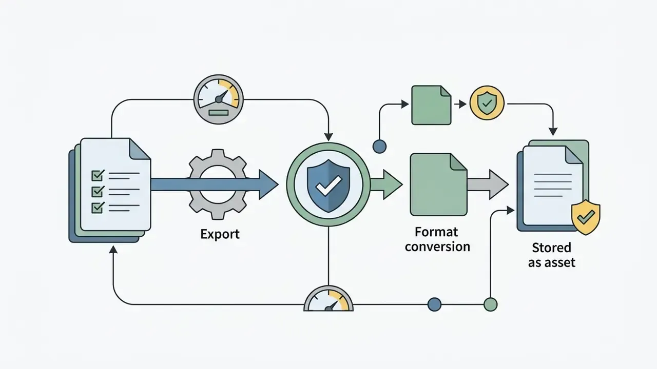 Workflow showing document export, credential checking, format conversion, and final asset storage