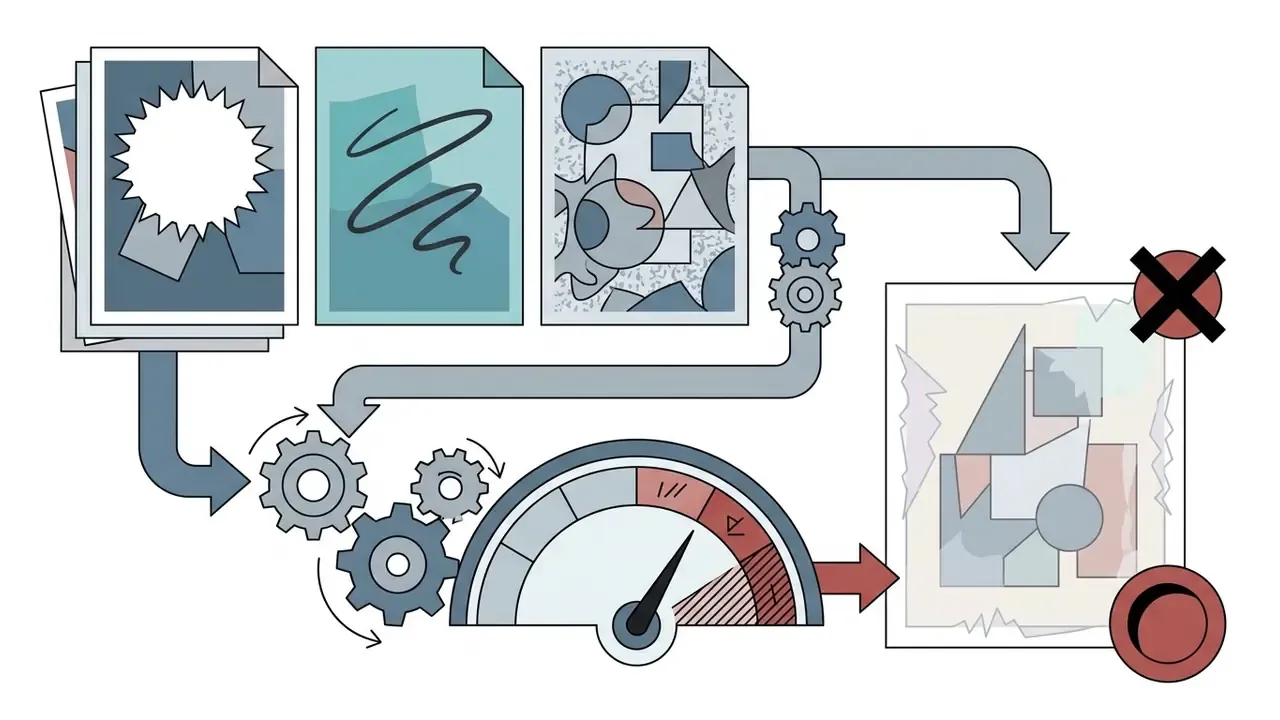 Artwork documents passing through gears and a gauge to a rejected portfolio page marked with a red X