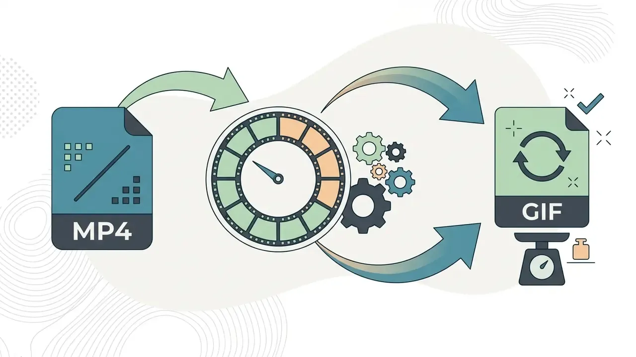 MP4 file icon transitioning through a frame rate gauge and gears to a weighted GIF file icon