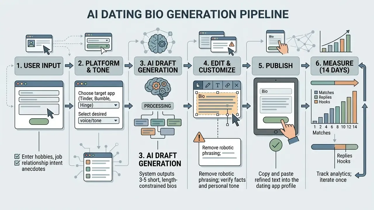Six step flowchart showing the process of using an AI dating profile generator to create and track bios