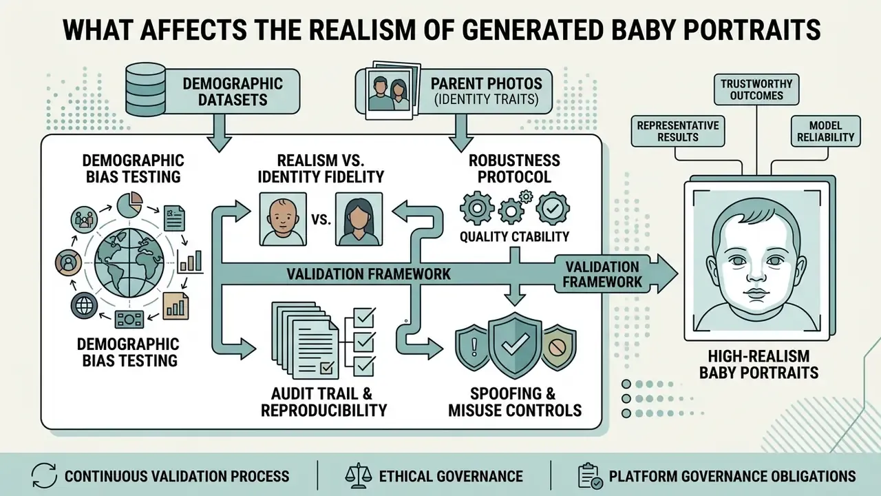Infographic showing the validation framework for a baby picture generator and its governance requirements