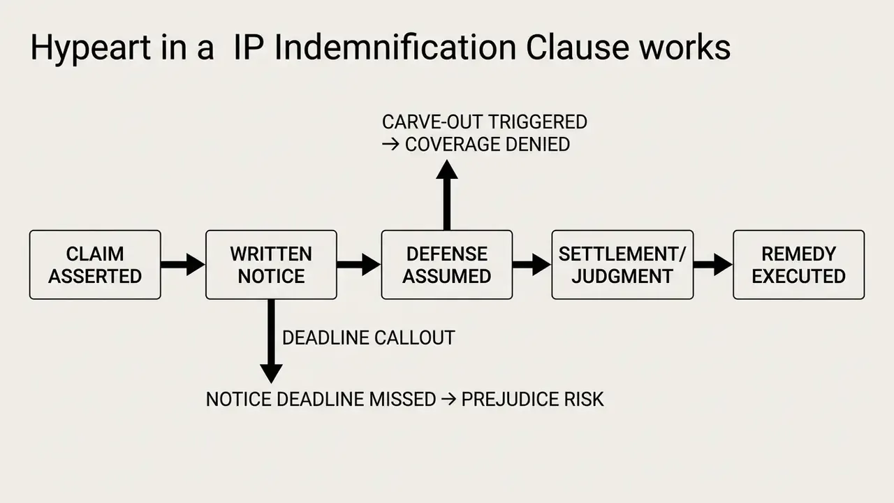 Flowchart showing the sequential steps of an IP indemnification process with branches for risks and denials