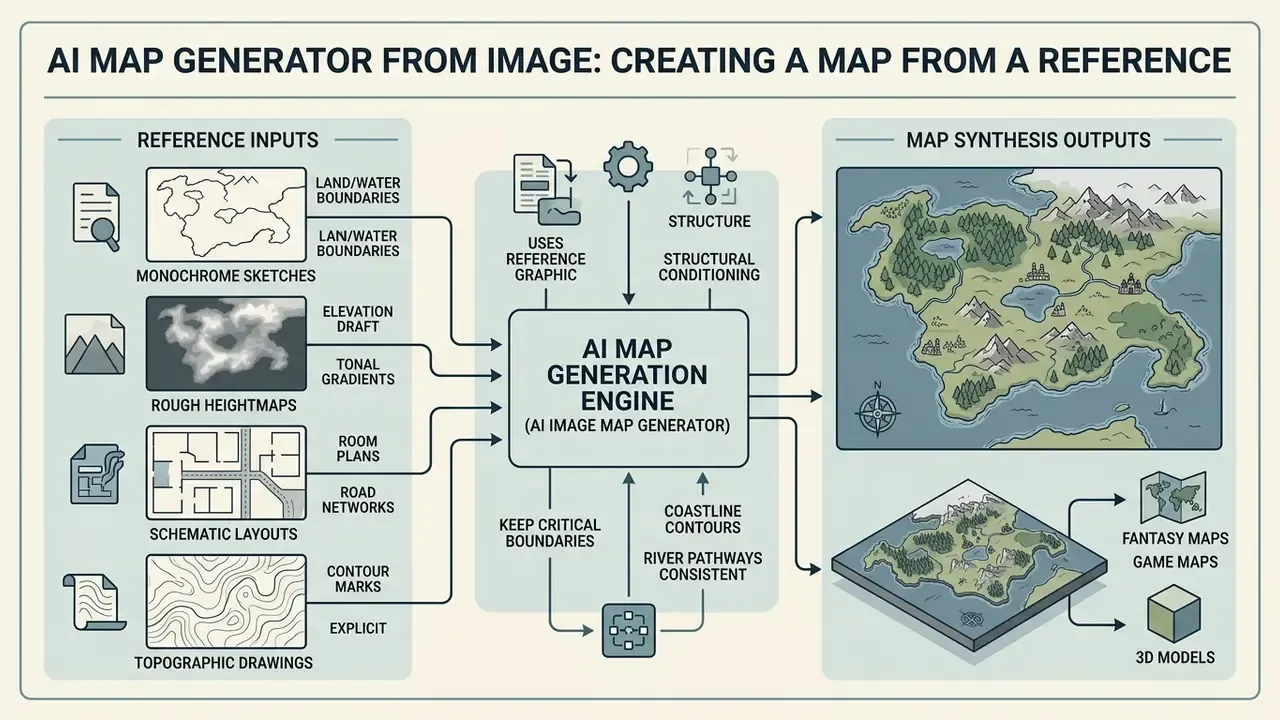 Process showing how various reference sketches and drafts are transformed into detailed cartographic maps