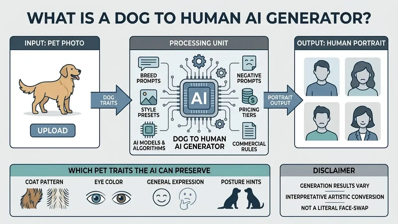 Infographic showing a dog photo being processed by AI into a human portrait with preserved pet traits