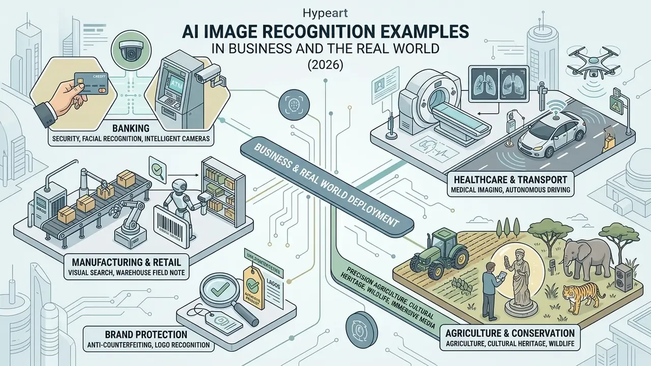 Isometric view of diverse industry applications including banking, manufacturing, healthcare, and wildlife