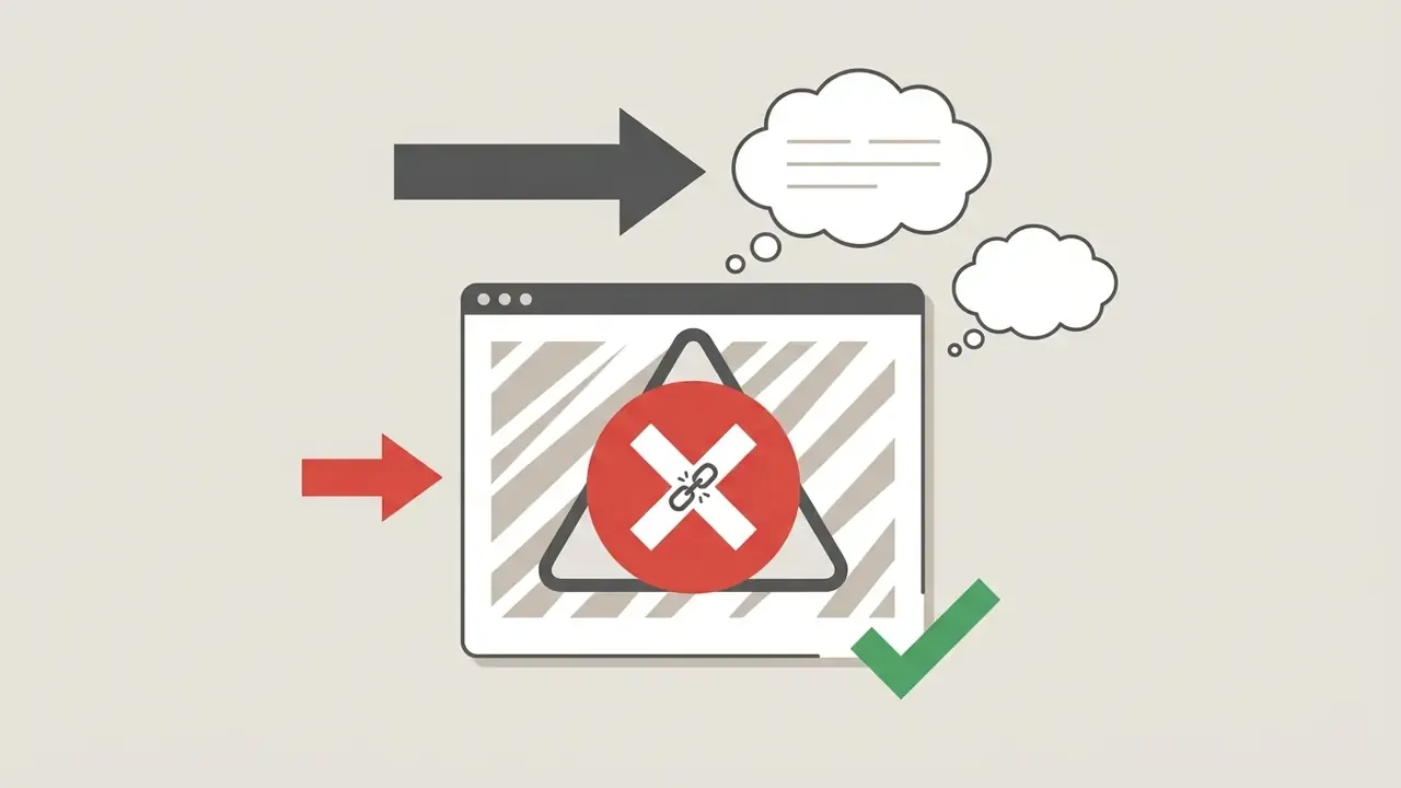 Browser window showing a broken link icon with arrows and thought bubbles indicating an error state