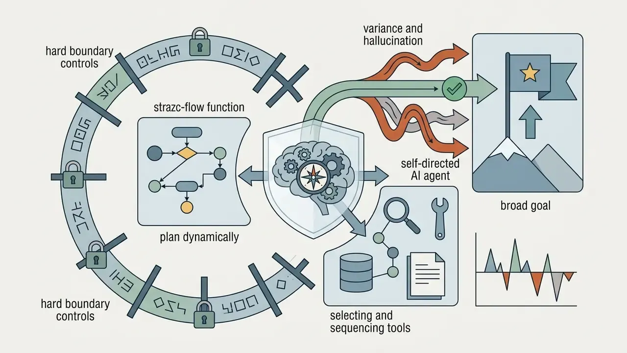 Central brain icon within a shield managing tool selection and paths toward a broad goal