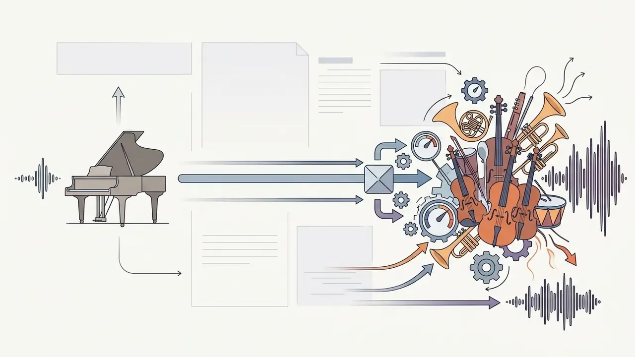 Piano icon and musical instruments connected by arrows and gauges to represent increasing audio complexity
