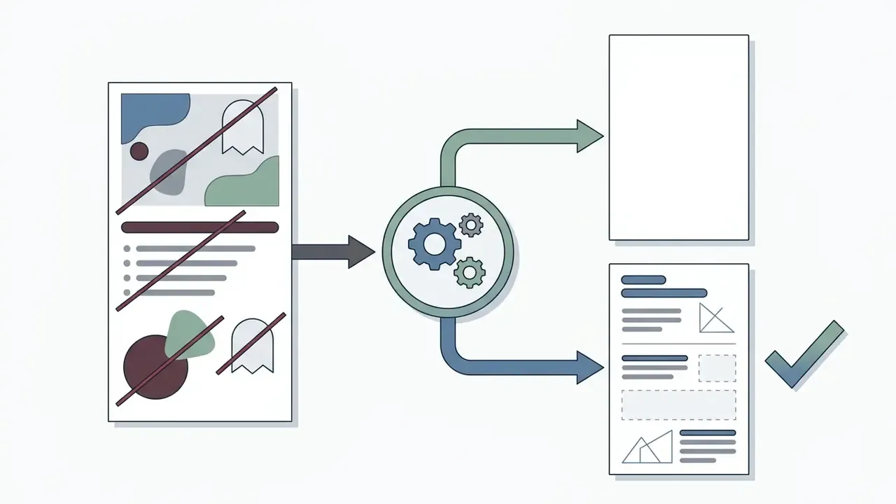 Cluttered promo template being processed by gears into a clean version for new campaign content