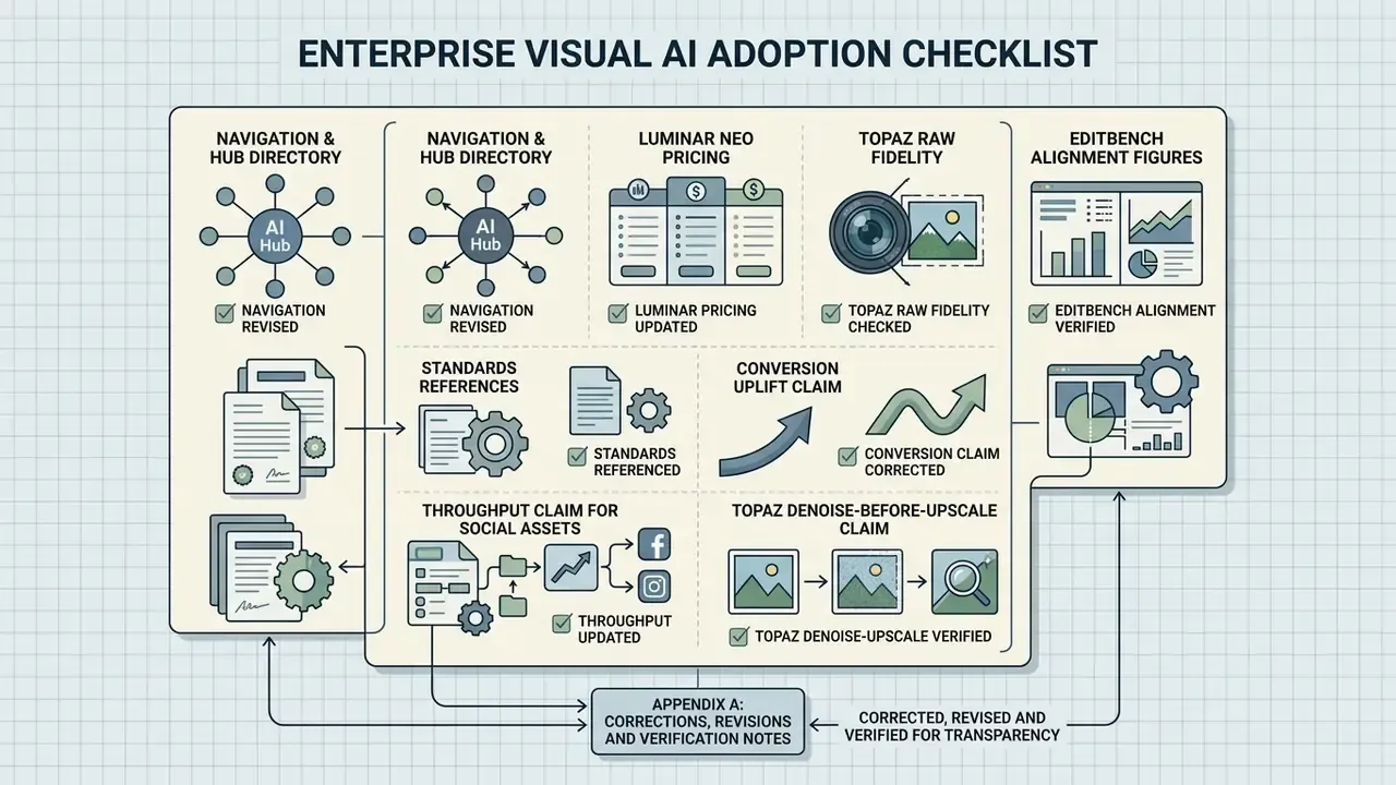 Checklist showing revisions and verification status for various AI software and enterprise workflow claims