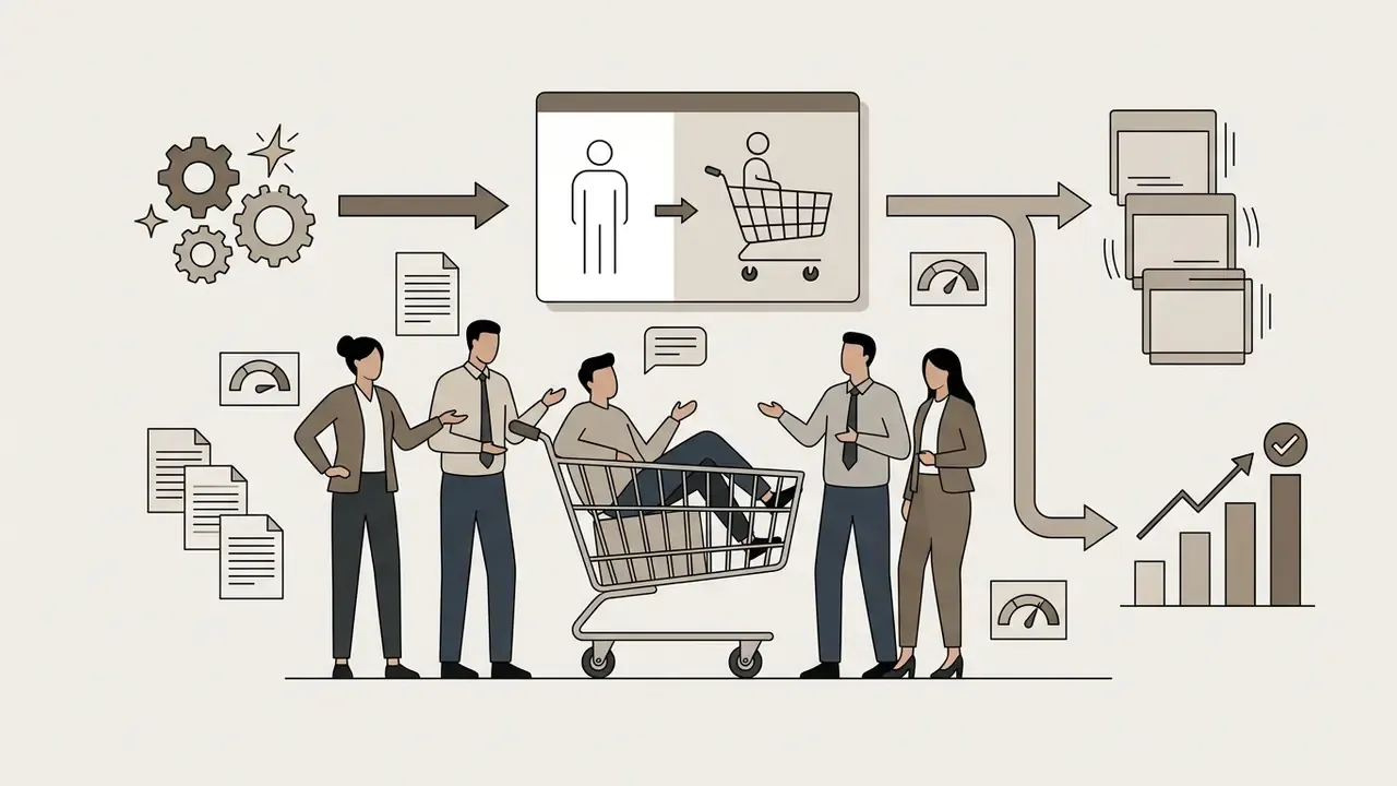 Employee sitting in a shopping cart during a meeting while colleagues discuss the transformation process