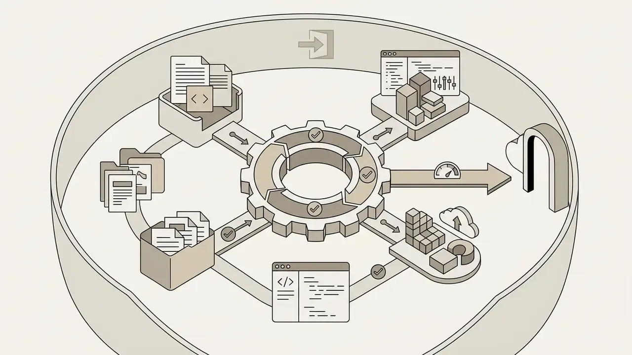 Documents and code files circulating through a central gear system toward an exit portal
