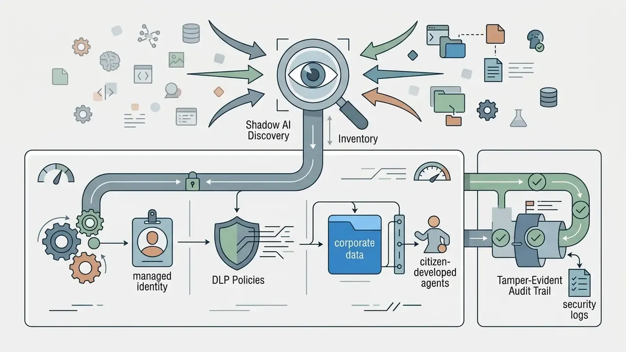 Magnifying glass scanning digital assets into a pipeline protected by identity and policy controls