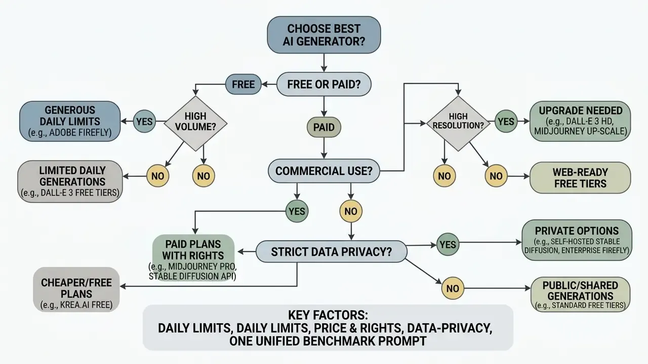 Decision tree mapping business requirements like cost, volume, and privacy to select an AI image generator